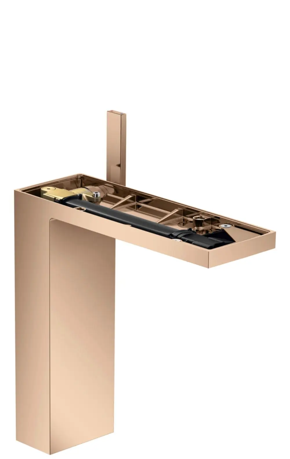 Einhebel-Waschtischmischer in Polished Red Gold von AXOR für Aufsatzwaschtische, mit einer Push-Open Ablaufgarnitur, ohne Platte, zeigt eine klare, geometrische Form.